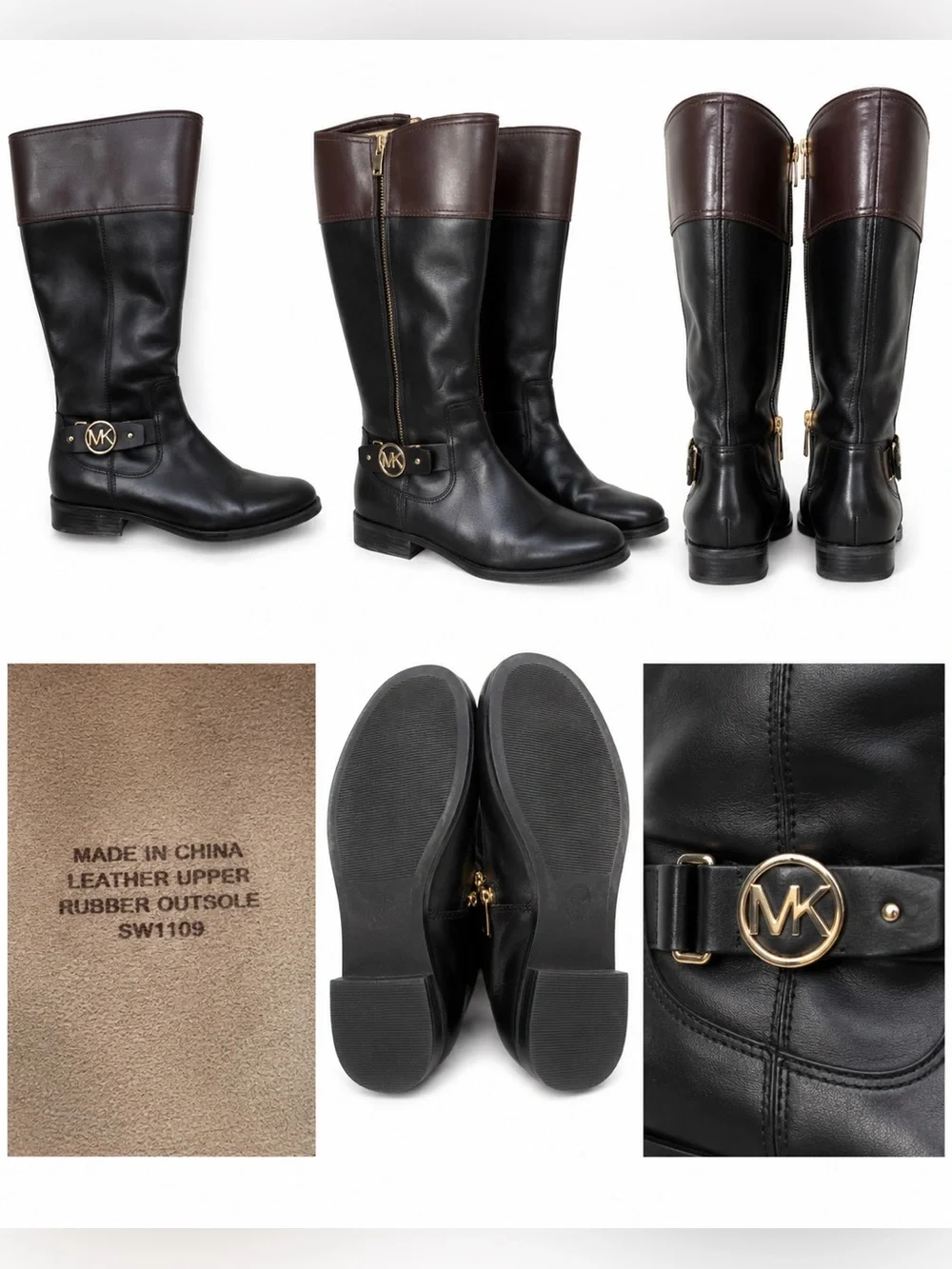 Michael Kors Black and Brown Leather Tall Riding Boots with Gold Hardware